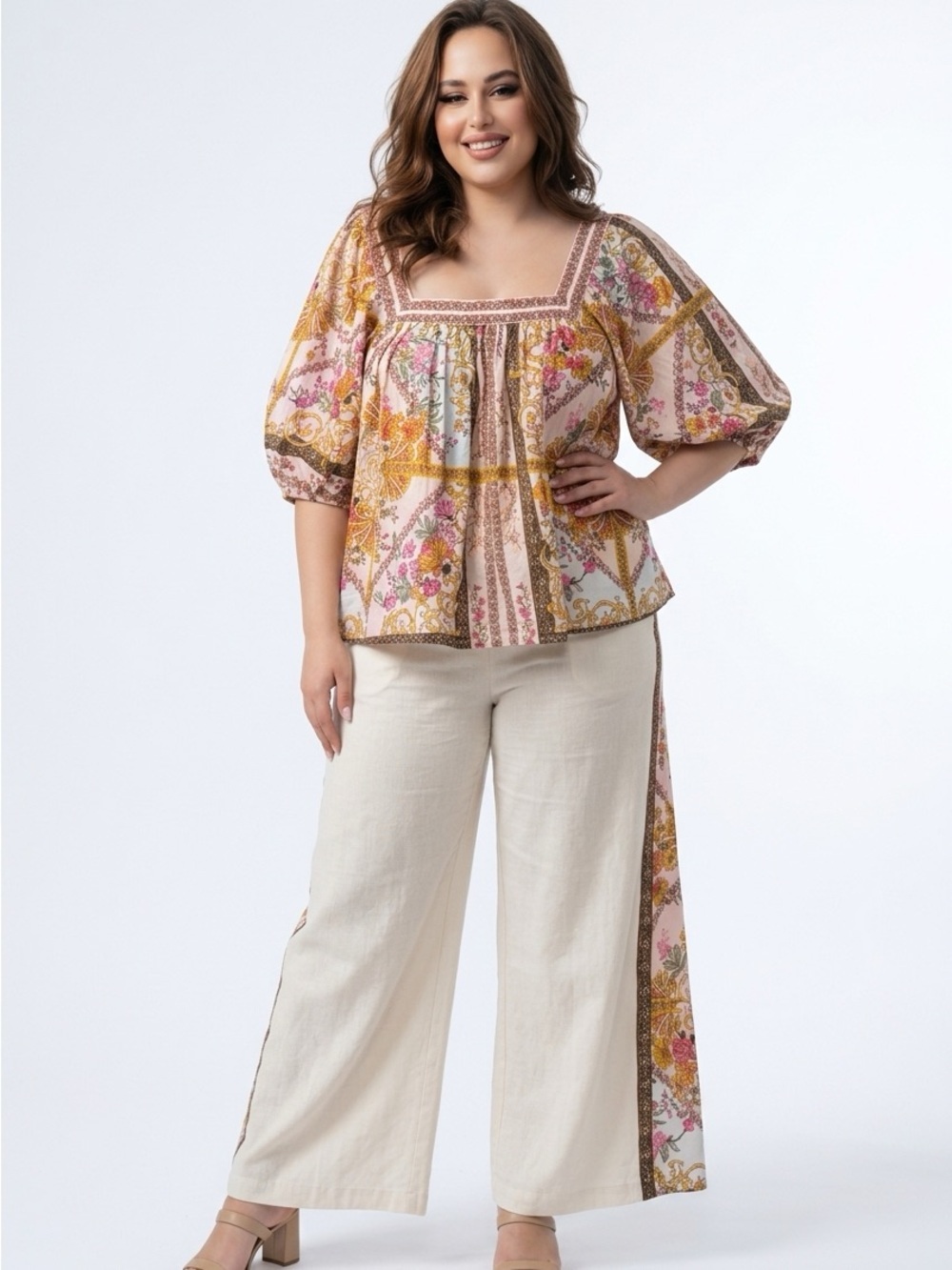 Rachel Zoe Pink & Gold Floral Square-Neck Peasant Top 2X